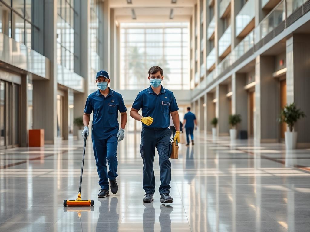 Personal de limpieza y mantenimiento en un área común de gran tamaño